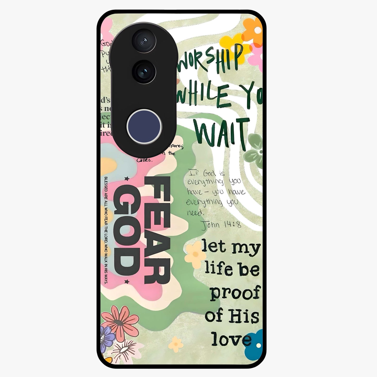 Faith Over Fear Glass Case showing flat back view with motivational typography artwork and glossy glass finish.