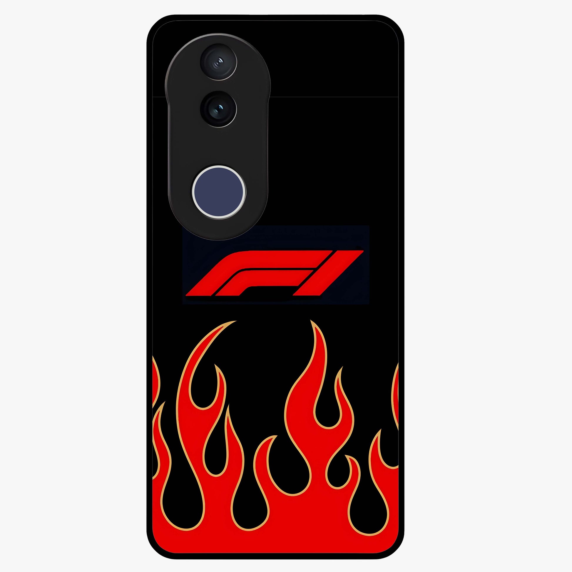 Fire F11 Glass Case showing flat back view with fiery themed artwork and glossy glass finish.