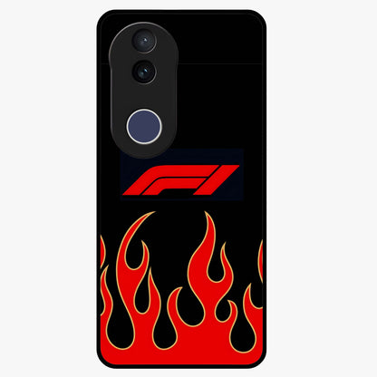 Fire F11 Glass Case showing flat back view with fiery themed artwork and glossy glass finish.