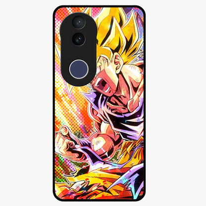 Firing Goku Glass Case showing flat back view with powerful anime inspired artwork and glossy glass finish.