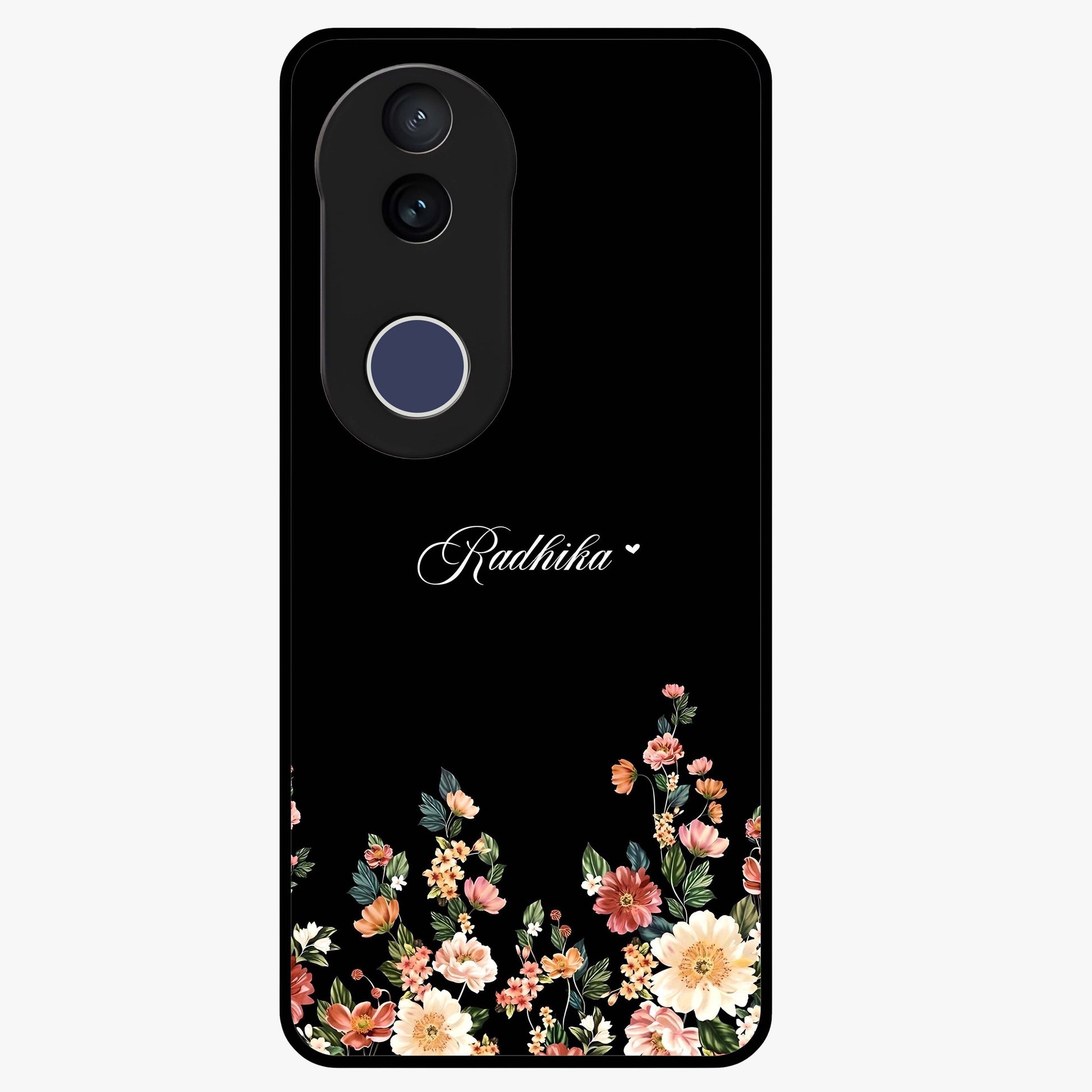 Floral Design With a Custom Personalized Name Glass Case showing flat back view with floral artwork and personalized name design.