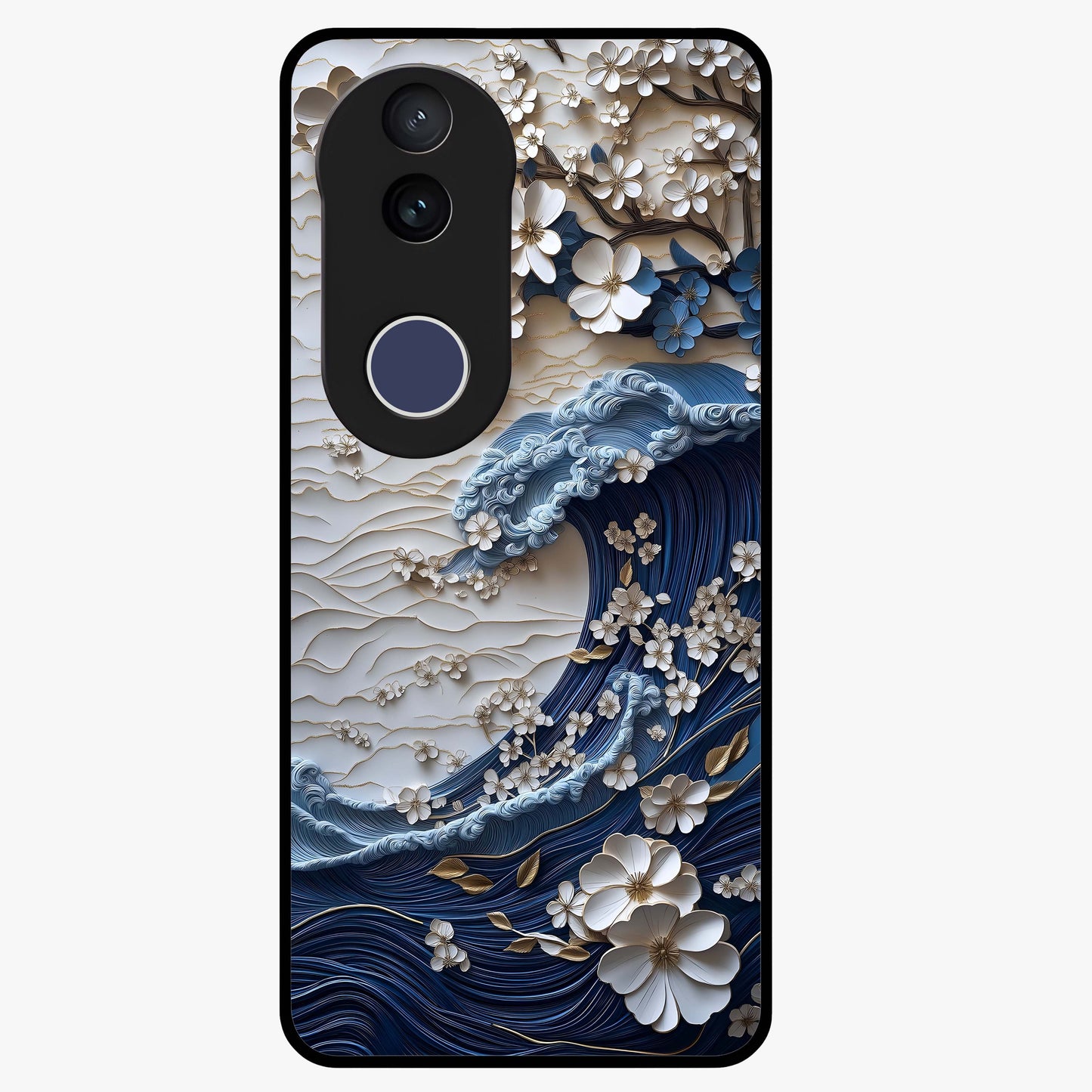 Floral Wave Origami Glass Case showing flat back view with origami inspired floral wave artwork and glossy glass finish.