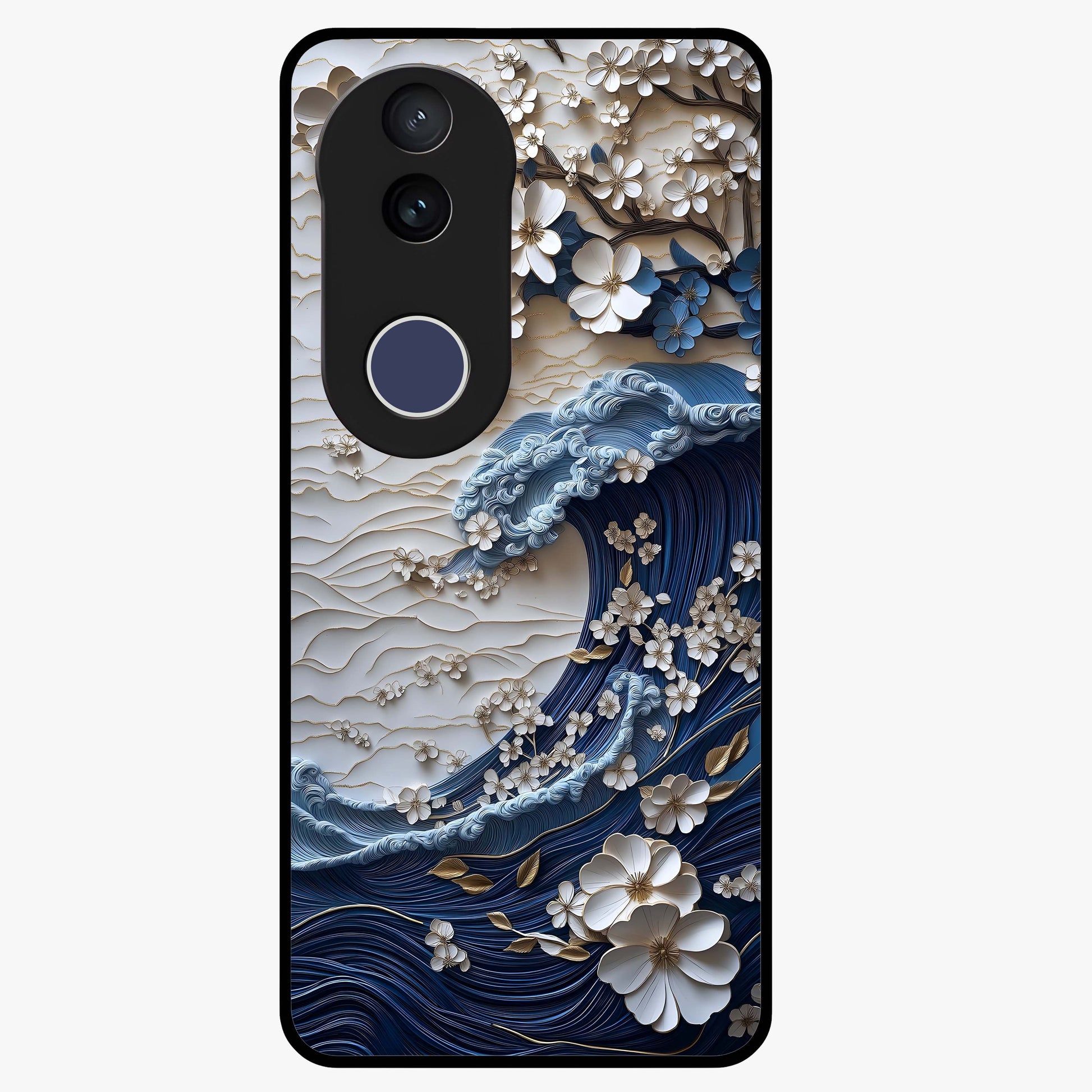 Floral Wave Origami Glass Case showing flat back view with origami inspired floral wave artwork and glossy glass finish.