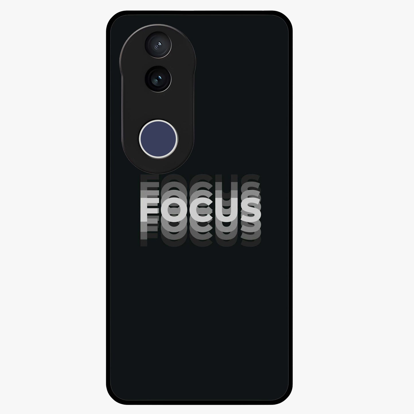 Focus Mode On Glass Case showing flat back view with bold motivational typography design and glossy glass finish.