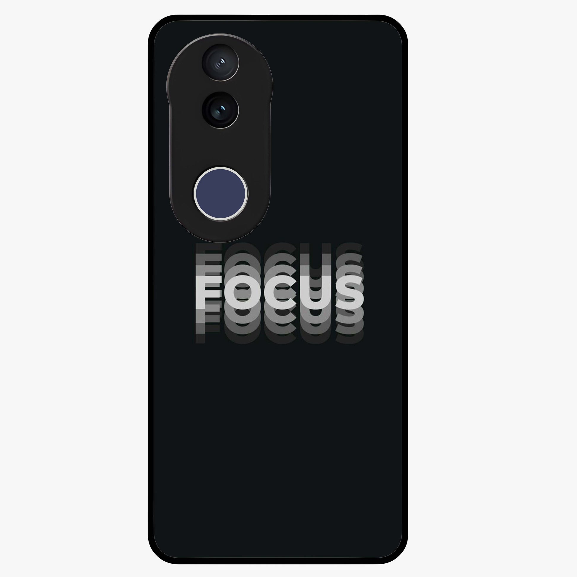 Focus Mode On Glass Case showing flat back view with bold motivational typography design and glossy glass finish.