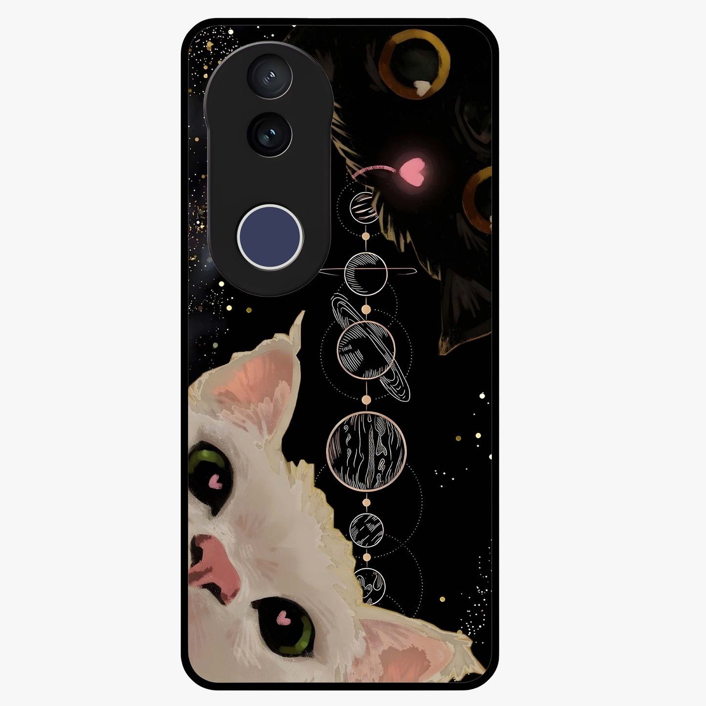 Galactic Cat Glass Case showing flat back view with cosmic cat artwork and glossy glass finish.