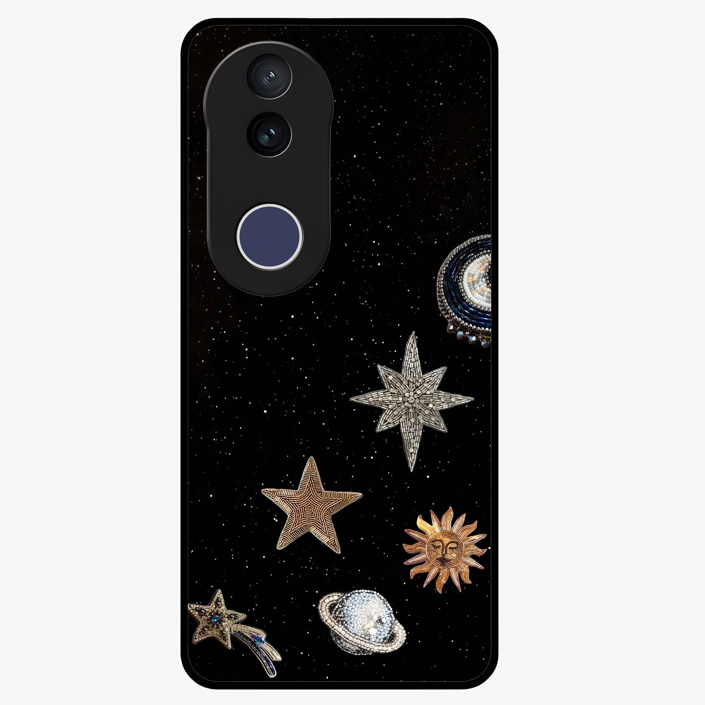 Galactic Charm Glow Glass Case showing flat back view with glowing celestial charm artwork and glossy glass finish.
