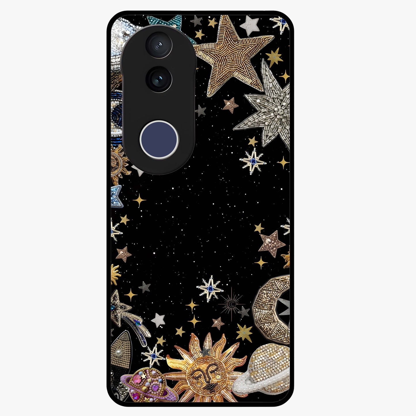 Galactic Jewel Stars Glass Case showing flat back view with sparkling star jewel artwork and glossy glass finish.
