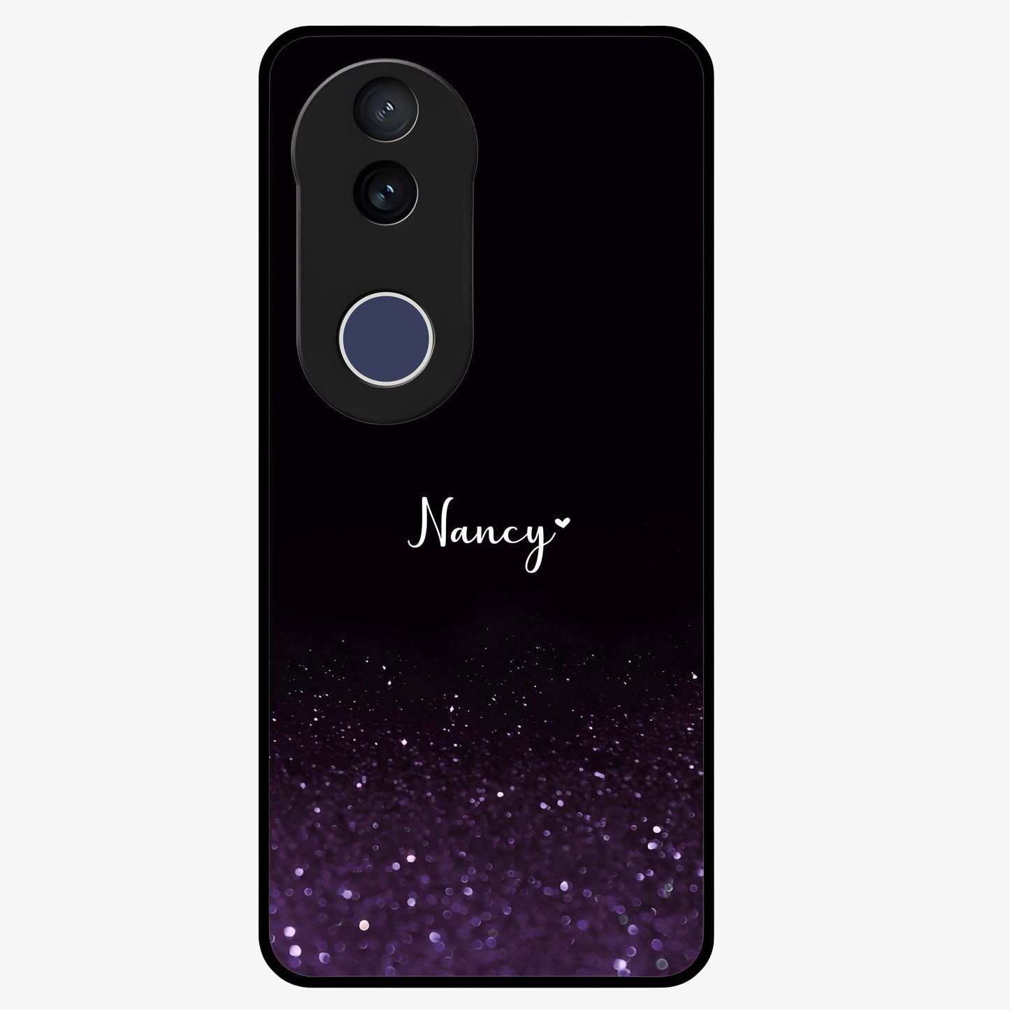 Glittery Purple Bokeh Custom Name Glass Case showing flat back view with purple bokeh sparkle artwork and personalized name design.