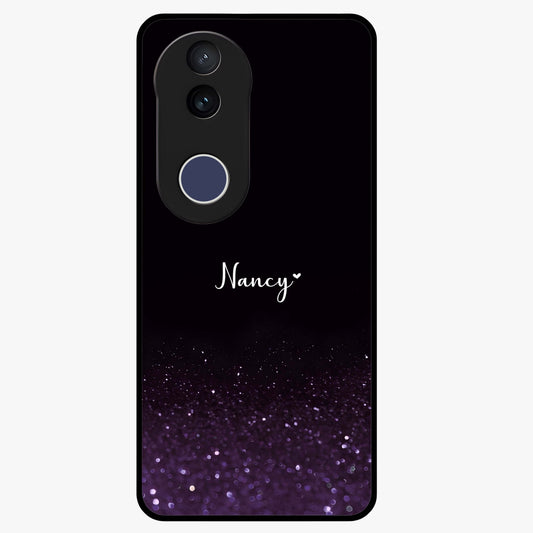 Glittery Purple Bokeh Custom Name Glass Case showing flat back view with purple bokeh sparkle artwork and personalized name design.