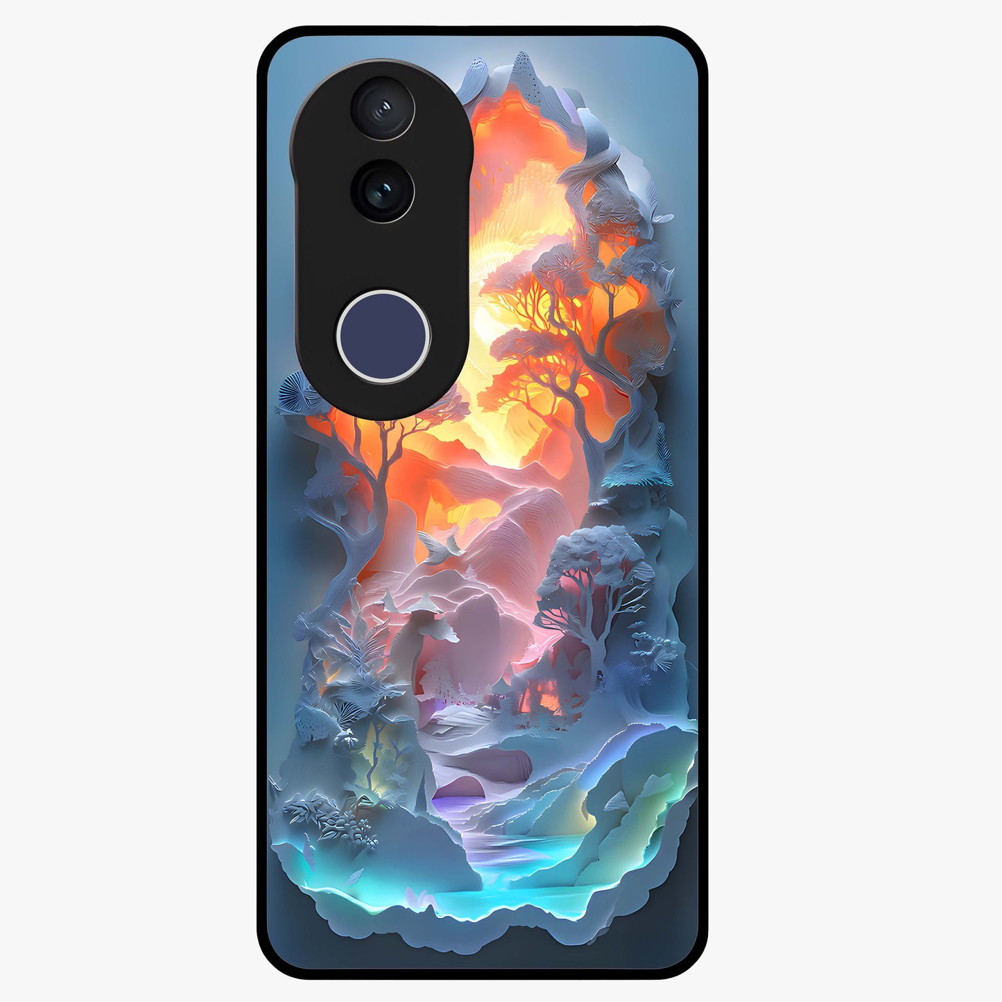 Glow Forest Portal Glass Case showing flat back view with glowing forest portal artwork and glossy glass finish.