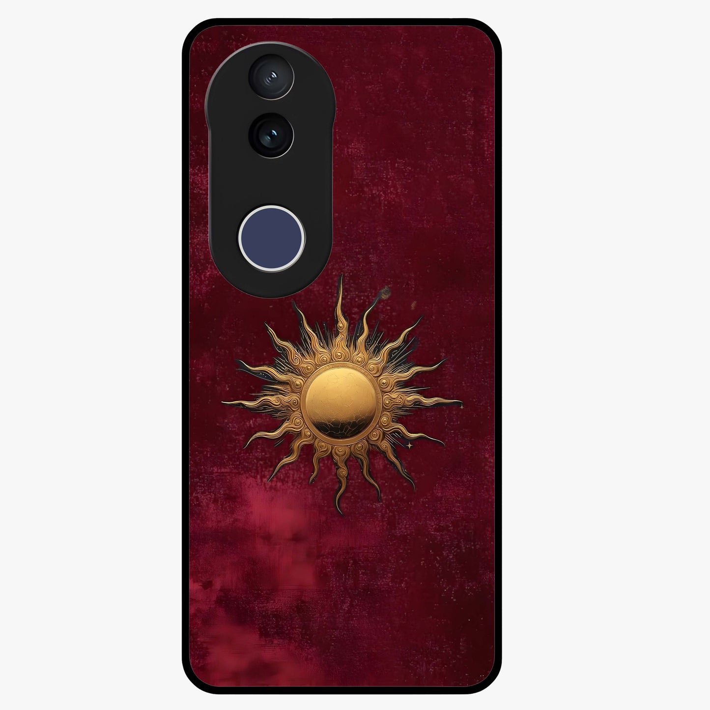 Gold Sun Blush Glass Case showing flat back view with golden sun inspired artwork and glossy glass finish.