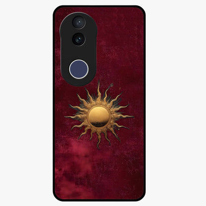 Gold Sun Blush Glass Case showing flat back view with golden sun inspired artwork and glossy glass finish.