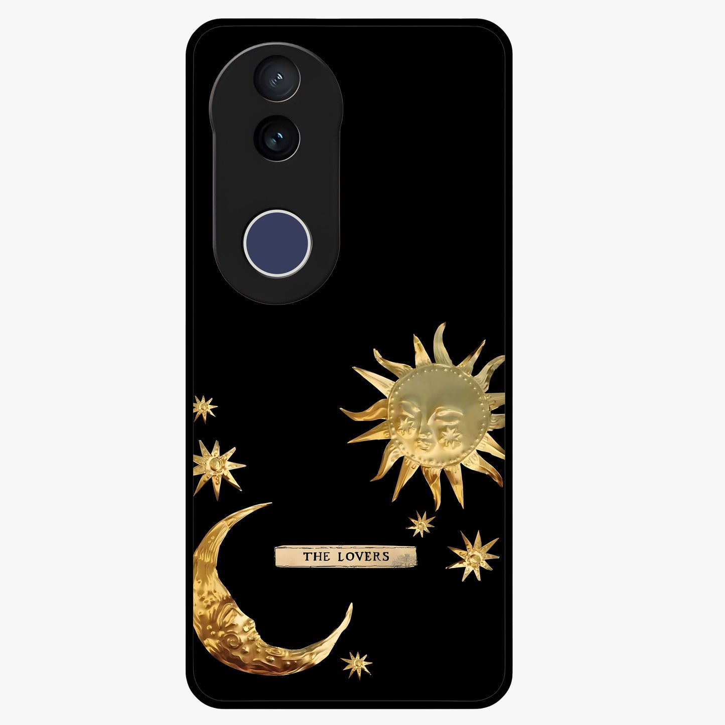 Golden Celestial Charm Glass Case showing flat back view with golden celestial charm artwork and glossy glass finish.