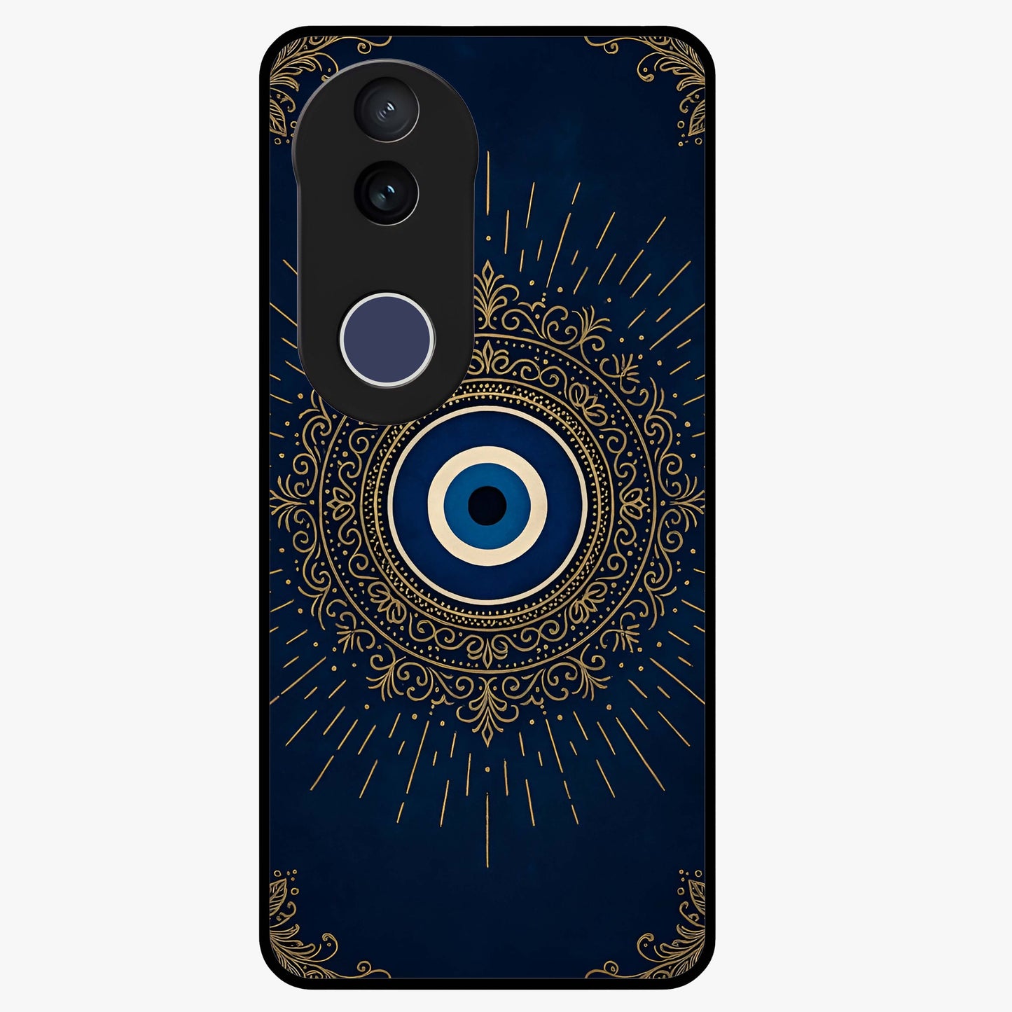 Golden Evil Eye Mandala Glass Case showing flat back view with intricate evil eye mandala artwork and glossy glass finish.