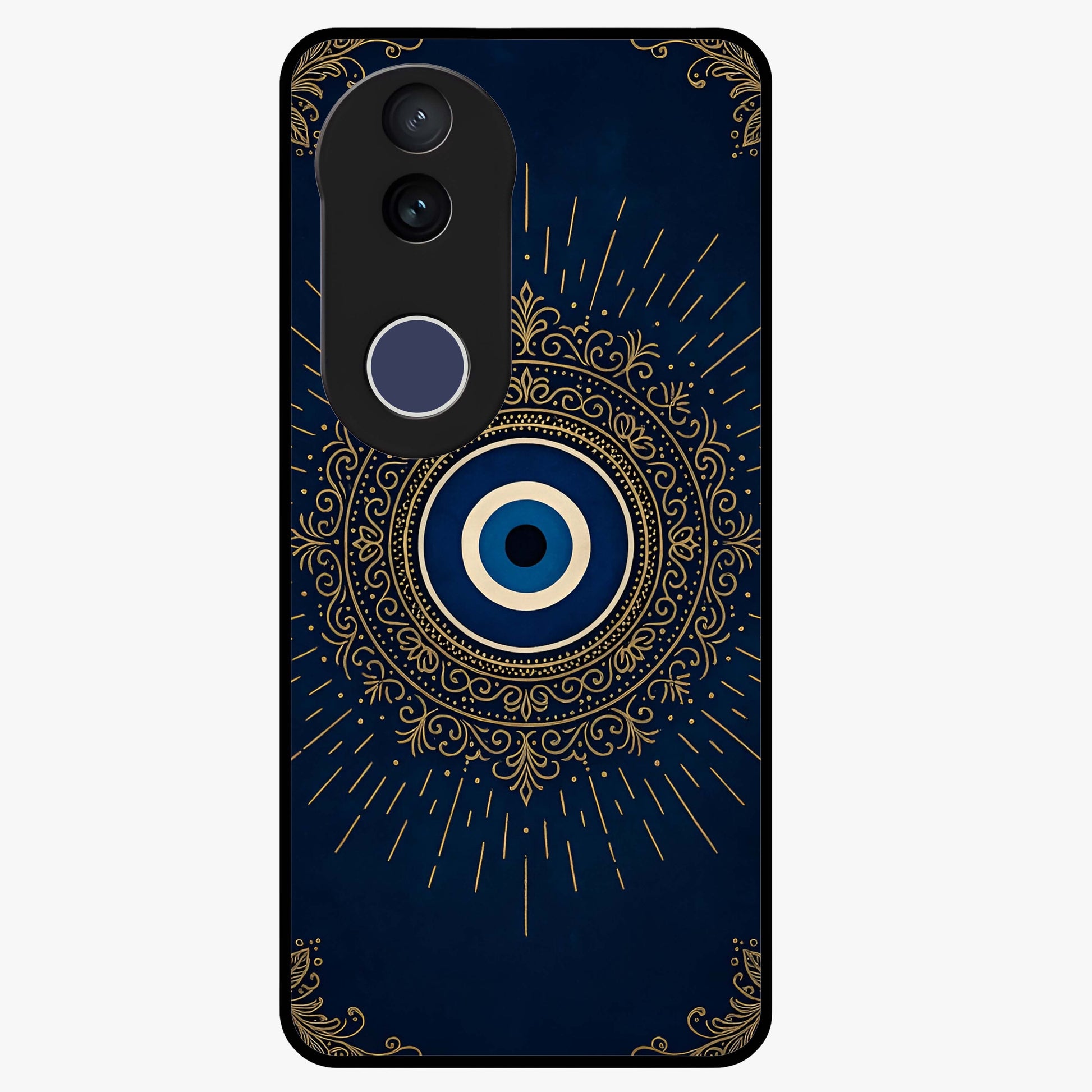 Golden Evil Eye Mandala Glass Case showing flat back view with intricate evil eye mandala artwork and glossy glass finish.