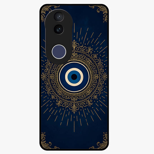 Golden Evil Eye Mandala Glass Case showing flat back view with intricate evil eye mandala artwork and glossy glass finish.