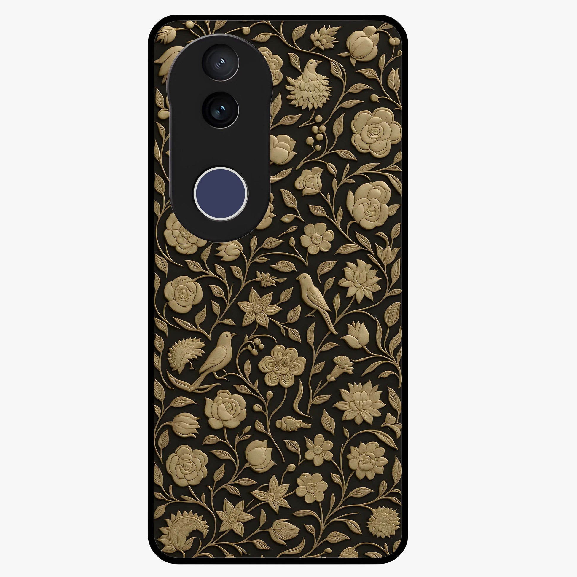 Golden Floral Majesty Glass Case showing flat back view with luxurious golden floral artwork and glossy glass finish.