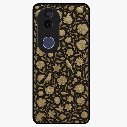 Golden Floral Majesty Glass Case showing flat back view with luxurious golden floral artwork and glossy glass finish.