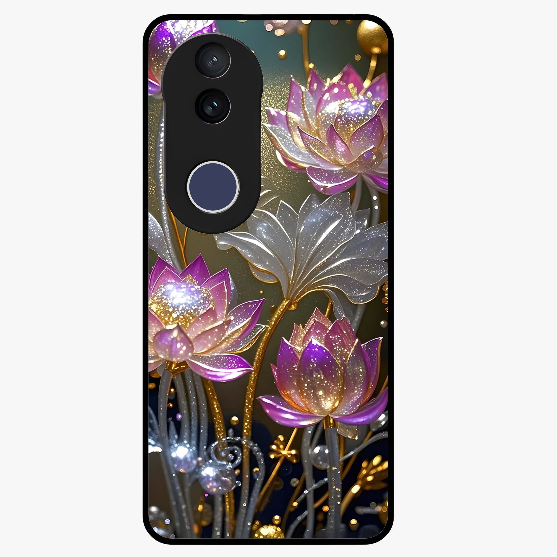 Golden Lotus Glow Glass Case showing flat back view with glowing lotus flower artwork and glossy glass finish.