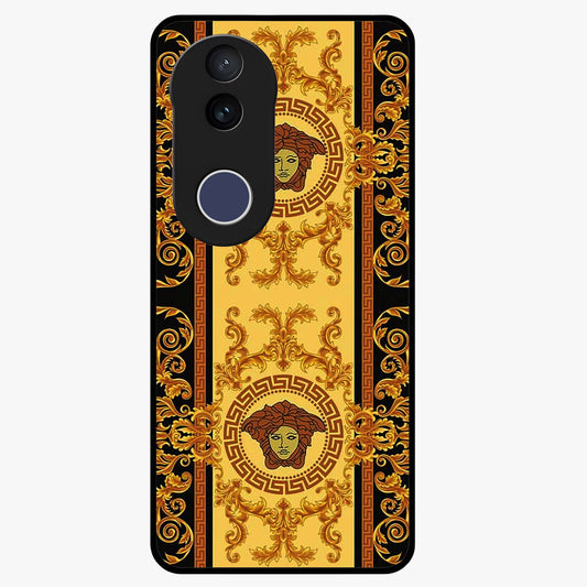 Golden Royal Heritage Glass Case showing flat back view with ornate royal pattern artwork and glossy glass finish.