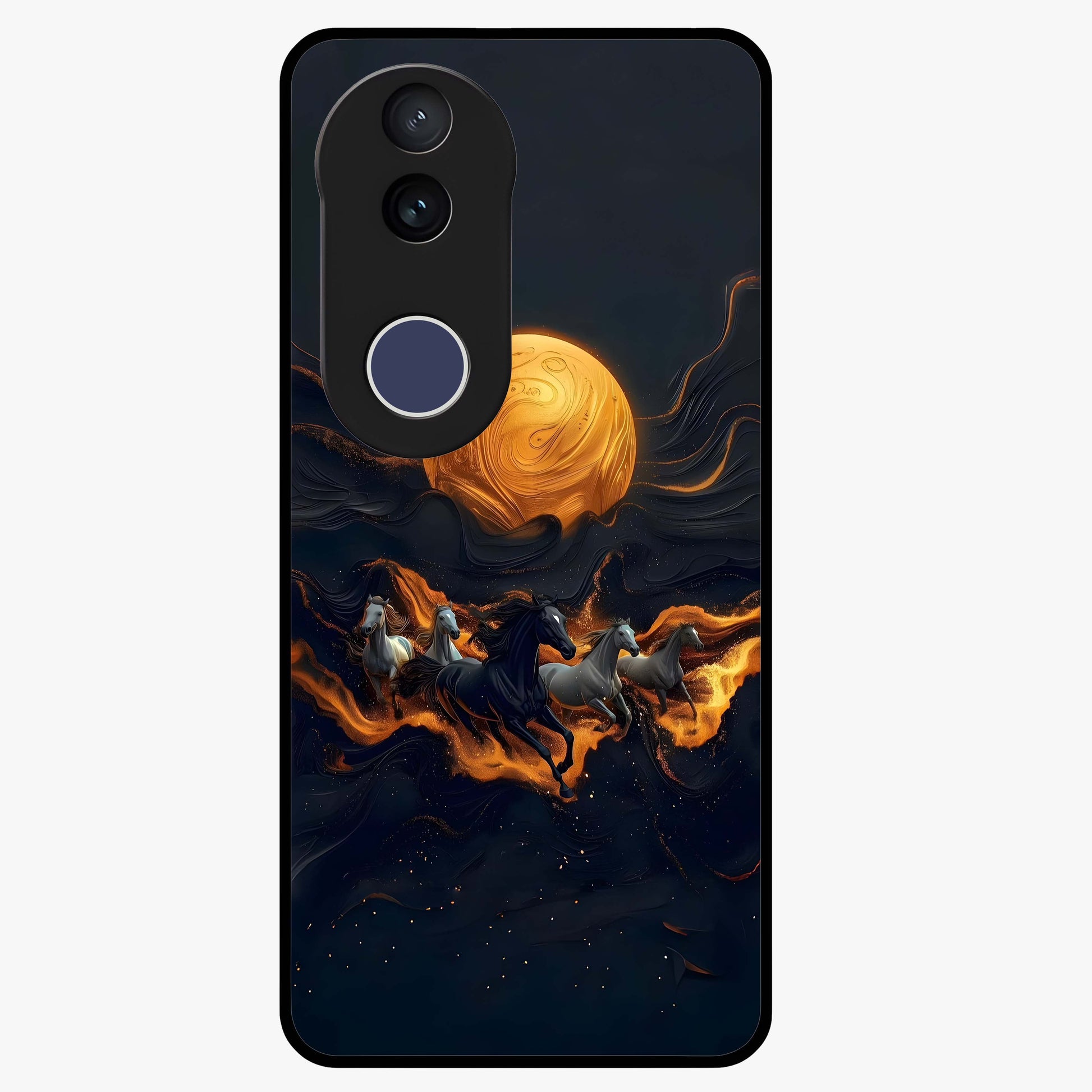Golden Stallion Moonride Glass Case showing flat back view with majestic horse under moonlight artwork and glossy glass finish.