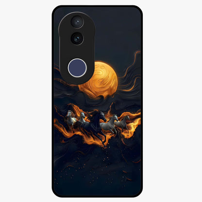 Golden Stallion Moonride Glass Case showing flat back view with majestic horse under moonlight artwork and glossy glass finish.