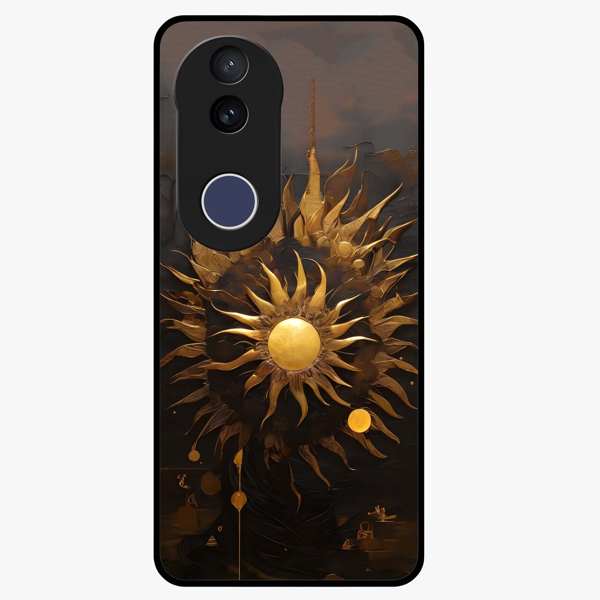 Golden Sun Majesty Glass Case showing flat back view with radiant golden sun artwork and glossy glass finish.