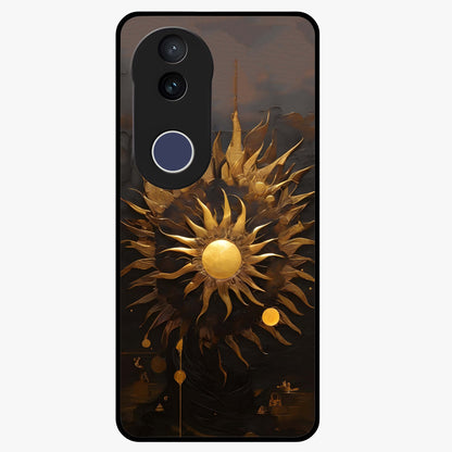 Golden Sun Majesty Glass Case showing flat back view with radiant golden sun artwork and glossy glass finish.