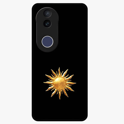 Golden Sun Minimalism Glass Case showing flat back view with minimal golden sun artwork and glossy glass finish.