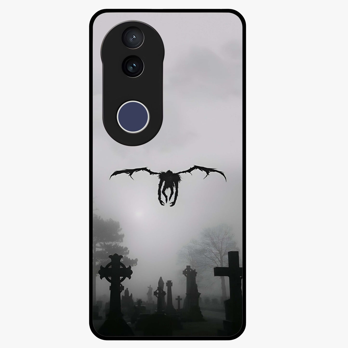 Graveyard Shadow Descent Glass Case showing flat back view with dark graveyard themed artwork and glossy glass finish.