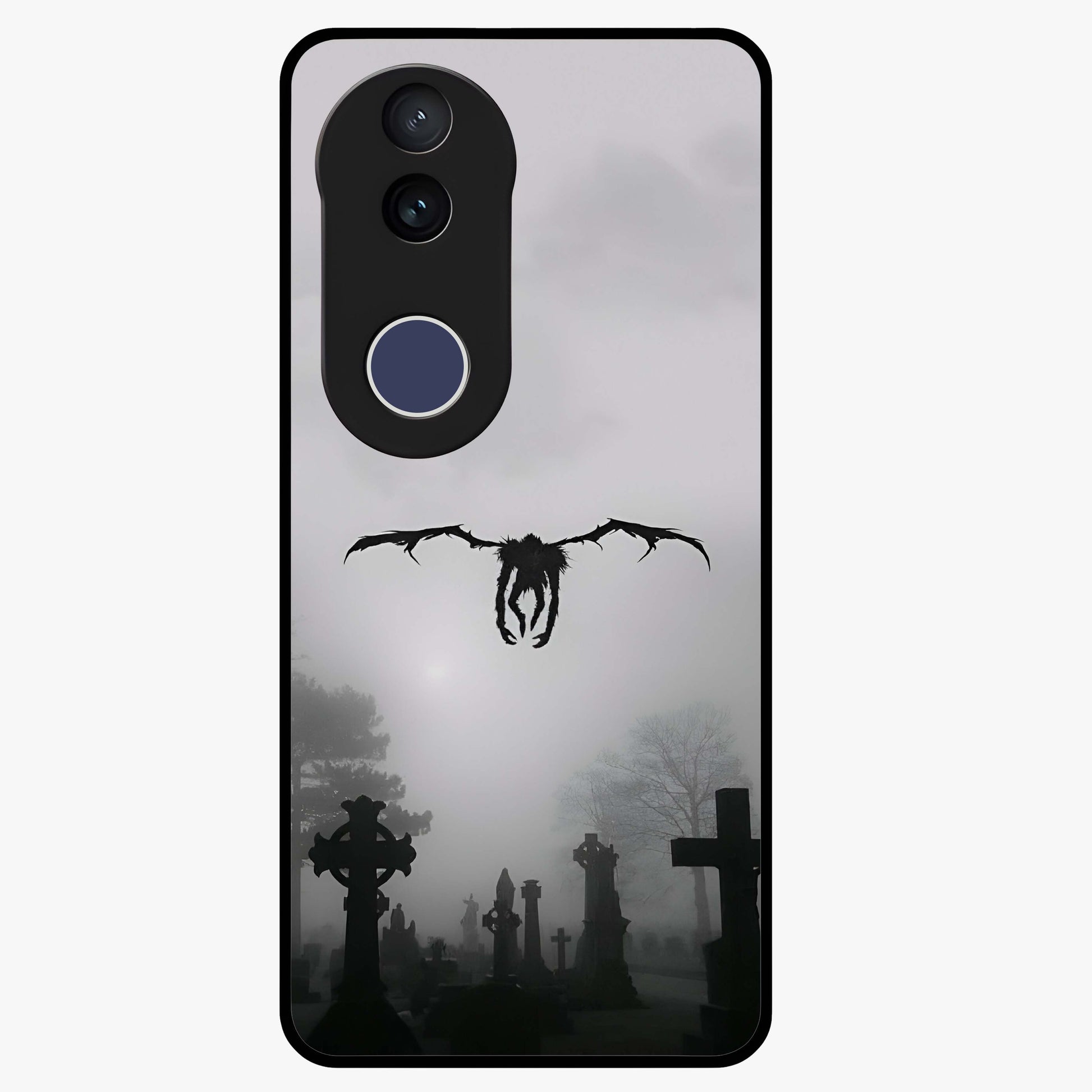 Graveyard Shadow Descent Glass Case showing flat back view with dark graveyard themed artwork and glossy glass finish.
