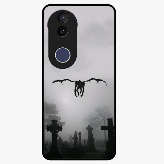 Graveyard Shadow Descent Glass Case showing flat back view with dark graveyard themed artwork and glossy glass finish.