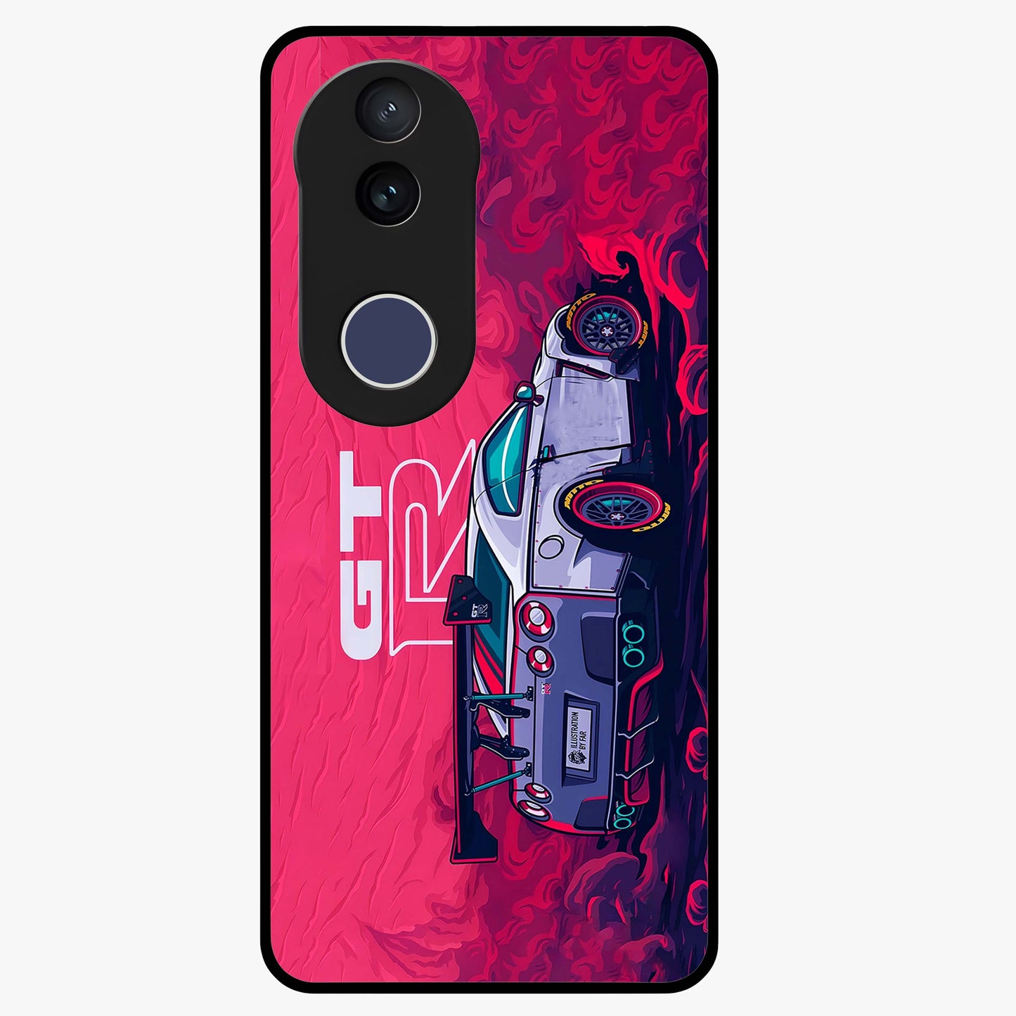 GT-R Car Pattern Glass Case showing flat back view with sporty car inspired pattern artwork and glossy glass finish.
