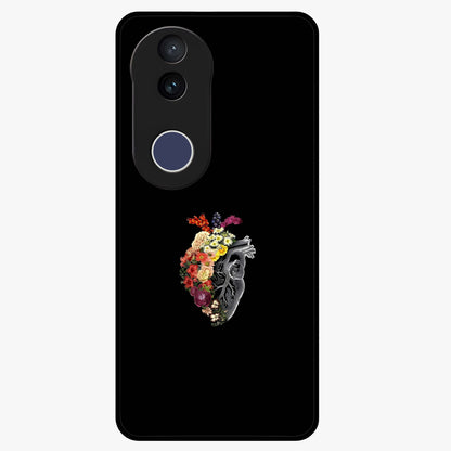 Heart With Flowers Glass Case showing flat back view with heart shaped floral artwork and glossy glass finish.