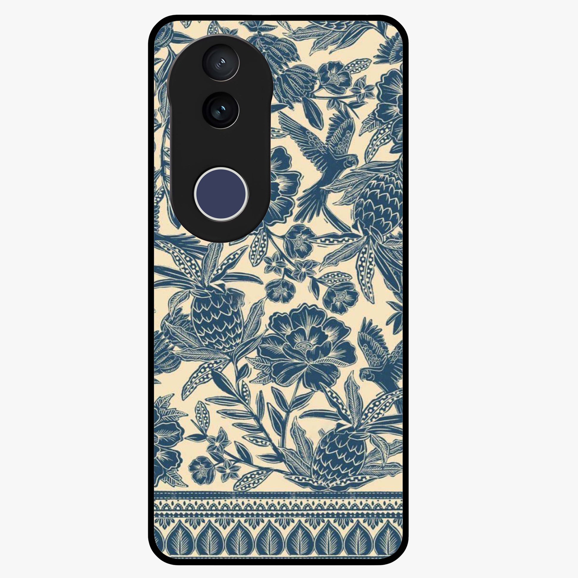 Heirloom Wild Bloom Glass Case showing flat back view with vintage inspired wild flower artwork and glossy glass finish.