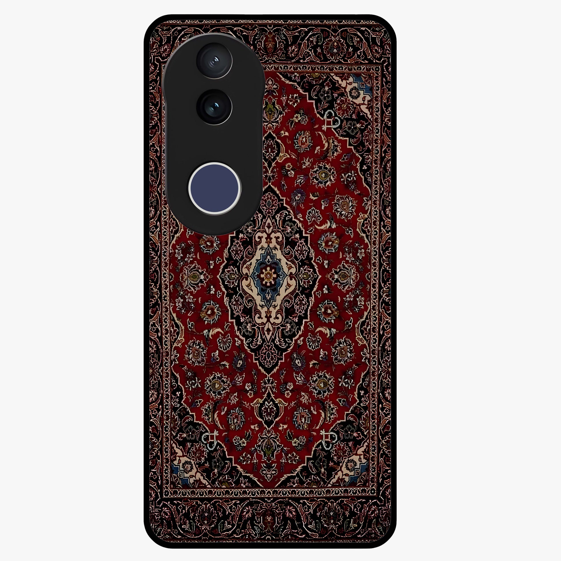 Heritage Carpet Royale Glass Case showing flat back view with ornate Persian carpet inspired pattern and glossy glass finish.