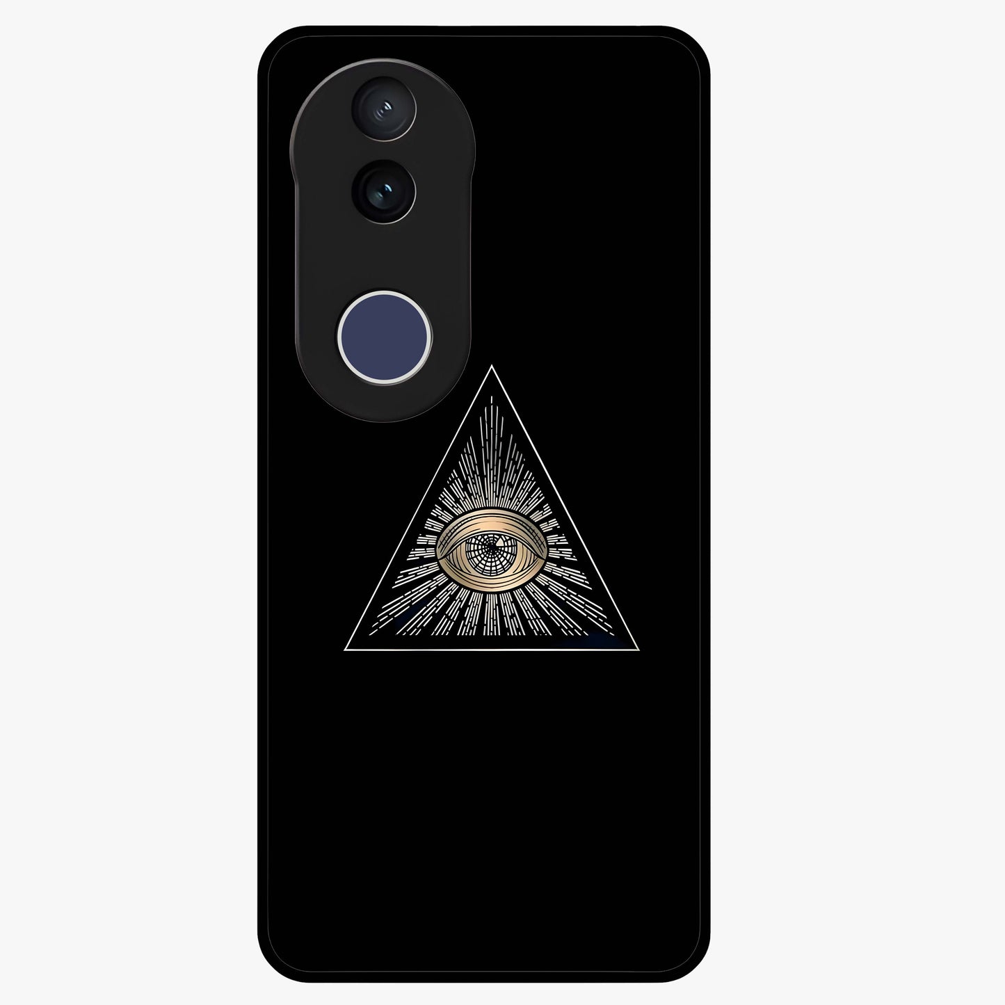 Illuminati Evil Glass Case showing flat back view with mysterious illuminati symbol artwork and glossy glass finish.