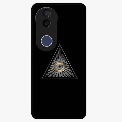 Illuminati Evil Glass Case showing flat back view with mysterious illuminati symbol artwork and glossy glass finish.