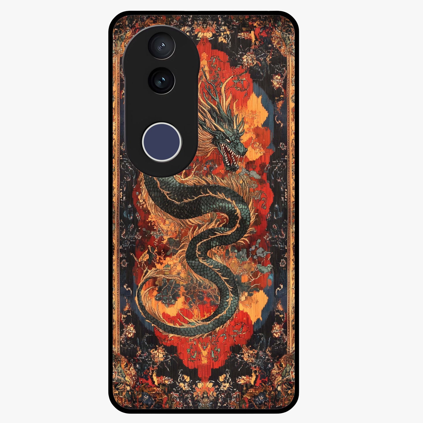 Inferno Dragon Soul Glass Case showing flat back view with fiery dragon artwork and glossy glass finish.