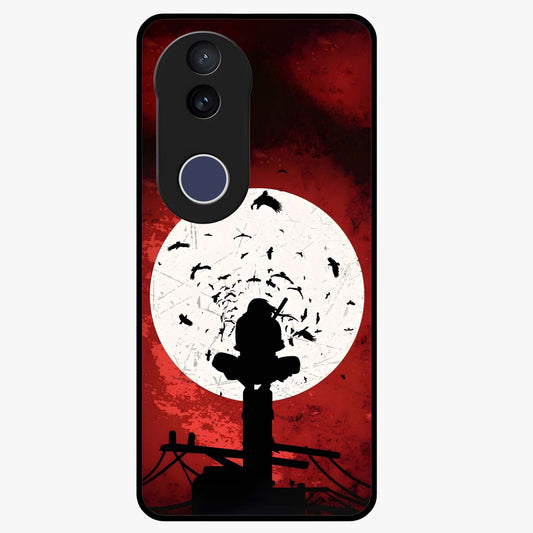 Itachi Sharingan Glass Case showing flat back view with powerful anime eye artwork and glossy glass finish.