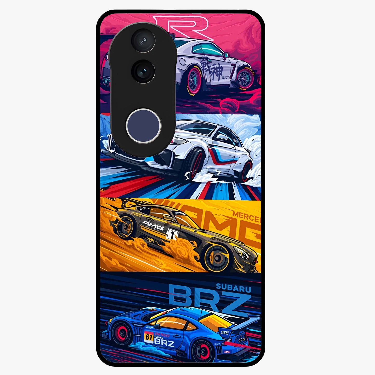 JDM Sports Car Glass Case showing flat back view with high performance sports car artwork and glossy glass finish.
