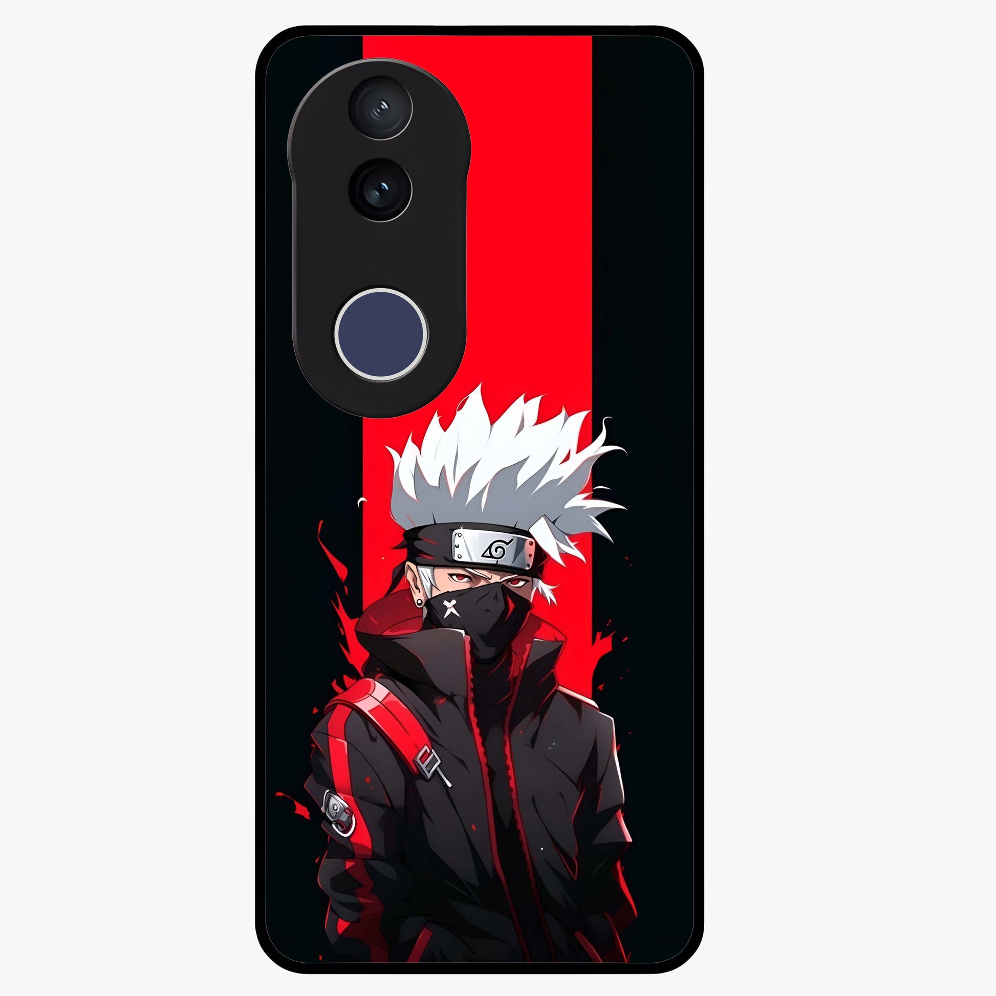 Kakashi Scarlet Shadow Glass Case showing flat back view with powerful anime ninja artwork and glossy glass finish.