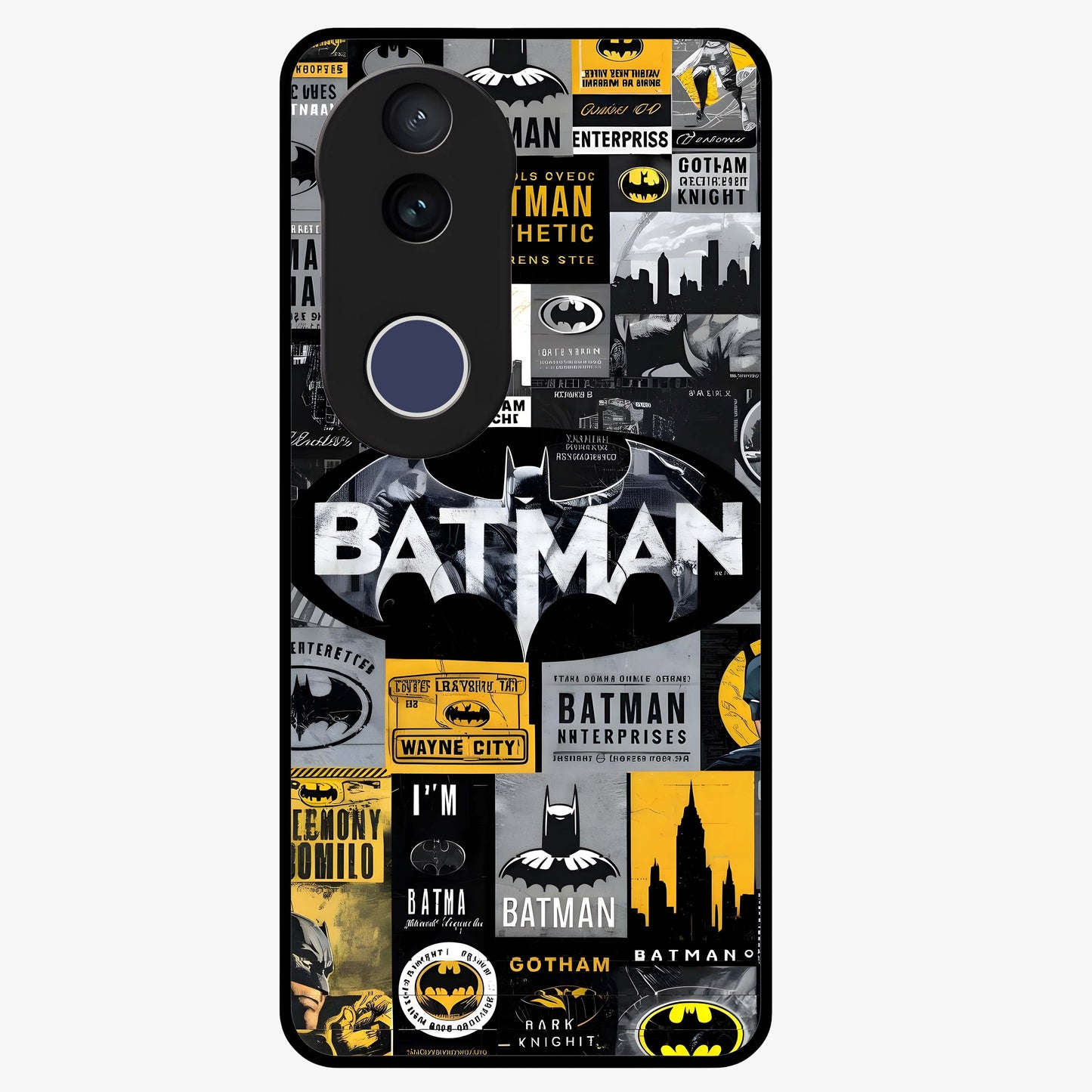 Knight Gotham Rise Glass Case showing flat back view with dark hero inspired artwork and glossy glass finish.