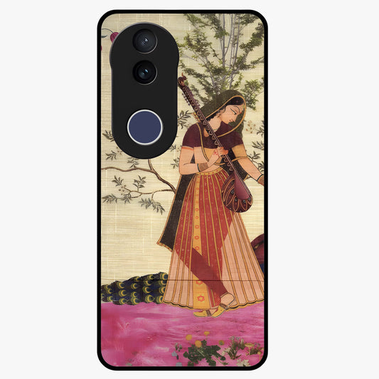 Lady With Veena Art Glass Case showing flat back view with elegant woman playing veena artwork and glossy glass finish.