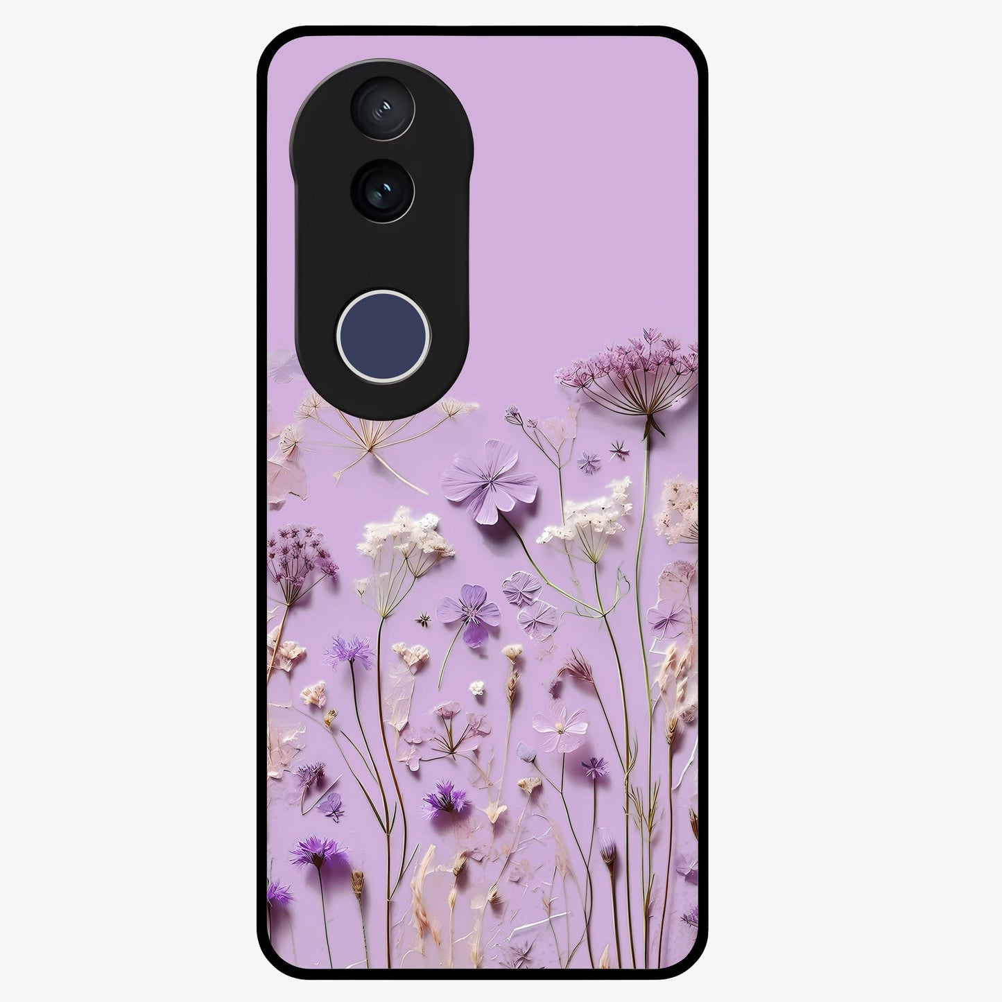 Lavender Blossom Dream Glass Case showing flat back view with soft lavender floral artwork and glossy glass finish.