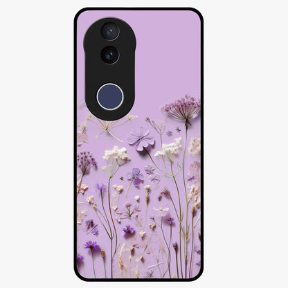 Lavender Blossom Dream Glass Case showing flat back view with soft lavender floral artwork and glossy glass finish.
