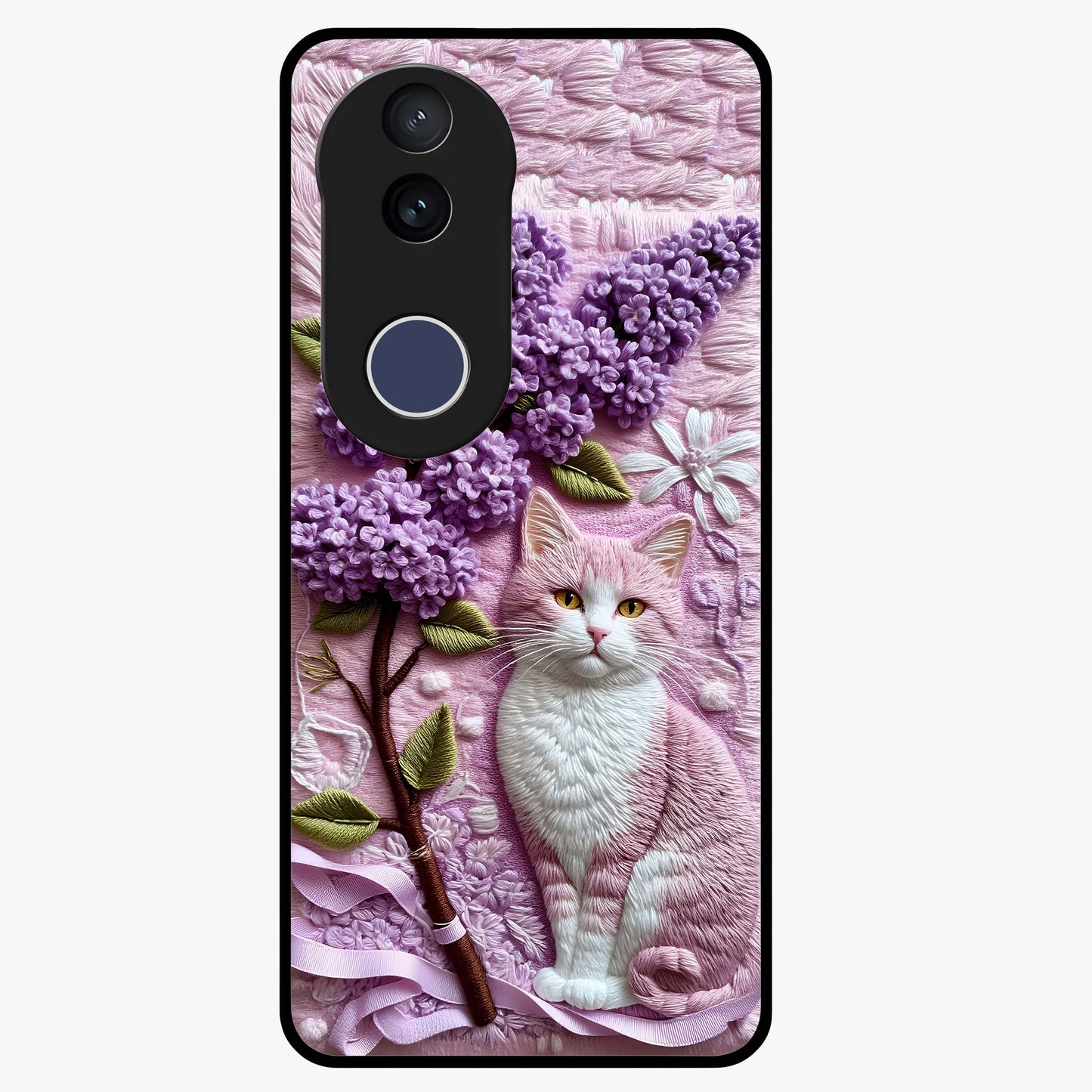 Lavender Cat Whimsy Glass Case showing flat back view with cute lavender cat artwork and glossy glass finish.