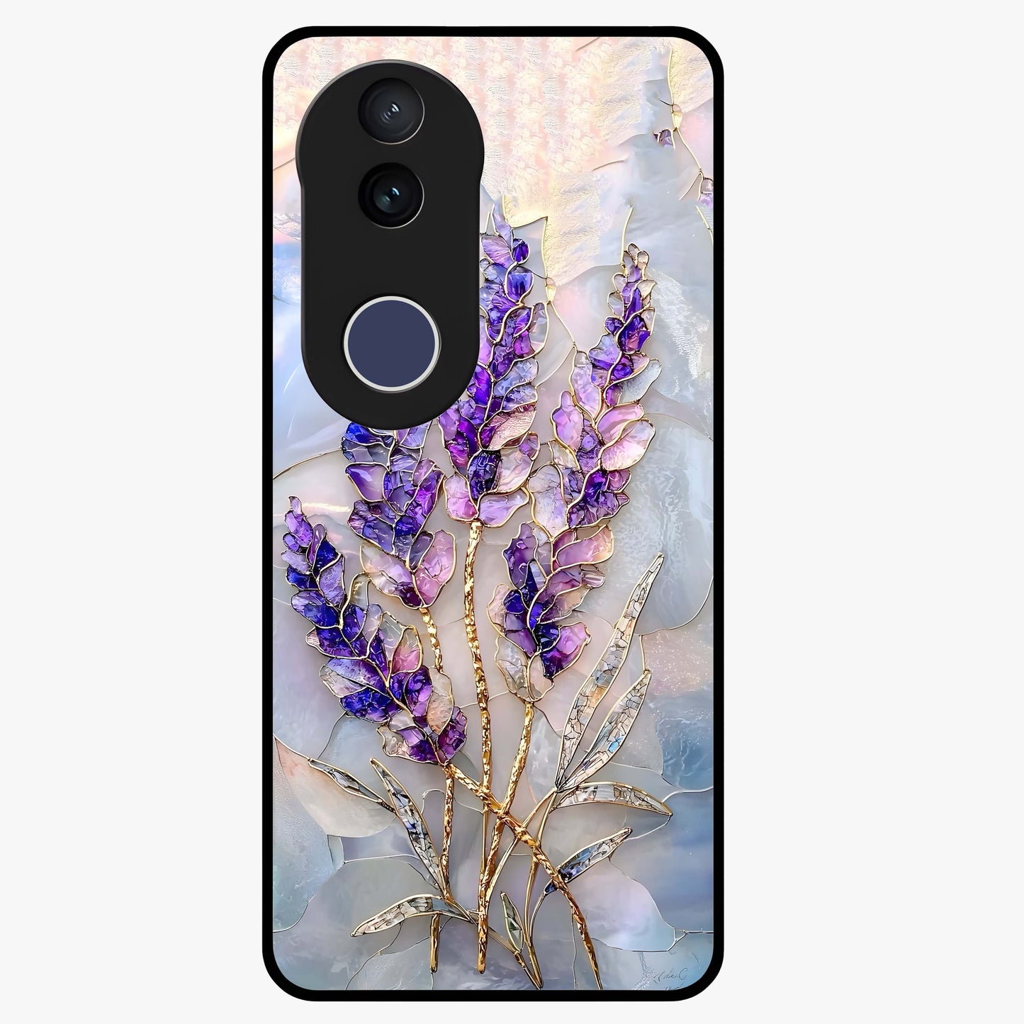Lavender Dream Glow Glass Case showing flat back view with glowing lavender aesthetic artwork and glossy glass finish.