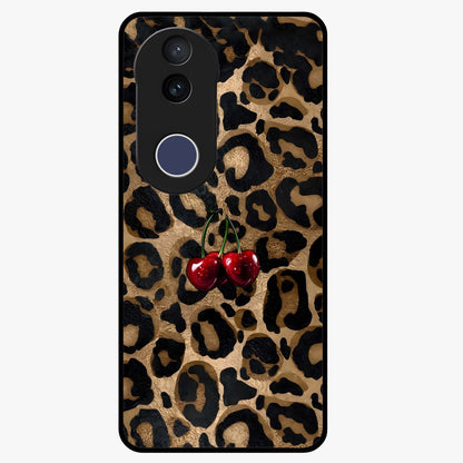 Leopard Wild Cherry Glass Case showing flat back view with leopard pattern and cherry artwork and glossy glass finish.